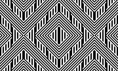 Wall Mural - Seamless pattern with striped black white straight lines and diagonal inclined lines (zigzag, chevron). Optical illusion effect, op art. Background for cloth, fabric, textile, tartan.