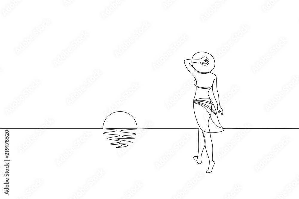 Continuous one single line art girl walking on sand beach concept. Beautiful woman sunset tropical holiday travel seashore hand drawn sketch. Beauty young lady horizont white vector illustration - obrazy, fototapety, plakaty 