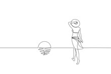 Continuous One Single Line Art Girl Walking On Sand Beach Concept. Beautiful Woman Sunset Tropical Holiday Travel Seashore Hand Drawn Sketch. Beauty Young Lady Horizont White Vector Illustration
