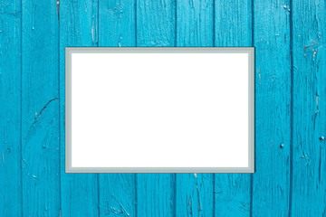 Retro style blue wood plank background. Photo Frame Mock Up. Empty space for text design and message 