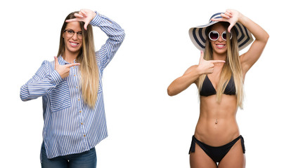 Wall Mural - Young beautiful blonde woman wearing business and bikini outfits smiling making frame with hands and fingers with happy face. Creativity and photography concept.