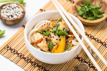 Udon stir-fry noodles with chicken and vegetables on white.