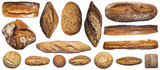 Fototapeta Desenie - From above of assorted composition of various bread loaves and buns and baguettes isolated on white background