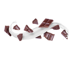 Wall Mural - Pieces of porous chocolate bar with milk splashes, isolated on a white background