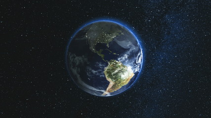 Wall Mural - realistic earth planet, rotating on its axis in space against the background of the star sky. seamle