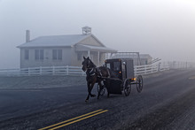 A Horse And Carriage Passes An Amish School House