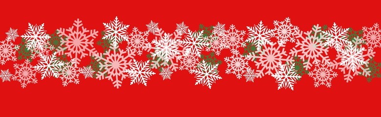 horizontal winter Christmas snowflake wide border on Red Background