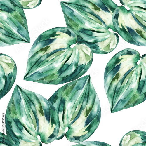 Watercolor exotic seamless pattern, green tropical leaves,  summer hand drawn...