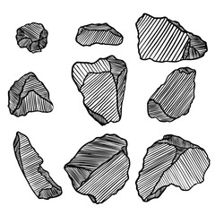 Wall Mural - Rock stone hand drawn style. Big set of different boulders. Collection of illustrated cracked and damaged stones rubble architecture design. Gold nugget or prill. Vector.