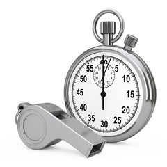 Poster - Classic Metal Coaches Whistle near Chrome Stopwatch. 3d Rendering