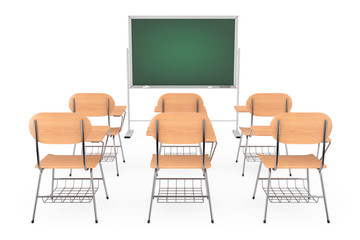 Aufkleber - Rows of Wooden Lecture School or College Desk Tables with Chairs near Chalkboard. 3d Rendering