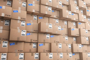 Aufkleber - Logistics Concept. Stack of Rows Cardboard Boxes in Warehouse. 3d Rendering