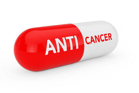 Capsule Pill with Anti Cancer Sigh. 3d Rendering