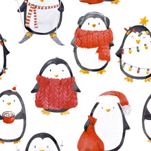 Watercolor Christmas Baby Penguin Pattern