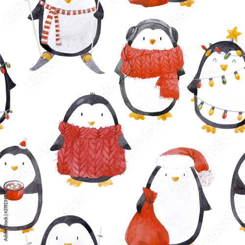 Cuadros en Lienzo Watercolor christmas baby penguin pattern