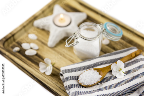Aromatic Sea Bath Salt On Wooden Spoon On Wooden Tray Ocean Theme