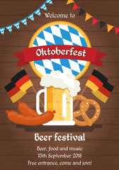 Wall Mural - Oktoberfest beer festival poster, illustration template in flat style with beer cup, traditional food, German flags.