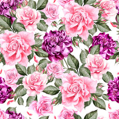 Wall Mural - Watercolor pattern with peony flowers and roses . 