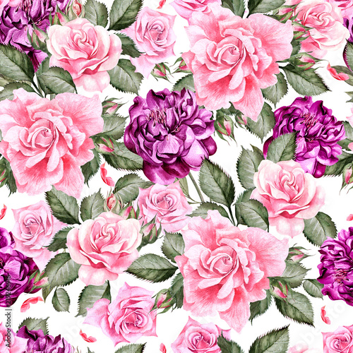 Watercolor pattern with peony flowers and roses .