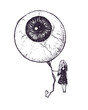 The girl with the eyeball in a form of the balloon. Ink drawing. Graphic scary illustration. Can be printed on a t-shirt, postcards, tattoo, books images, etc.
