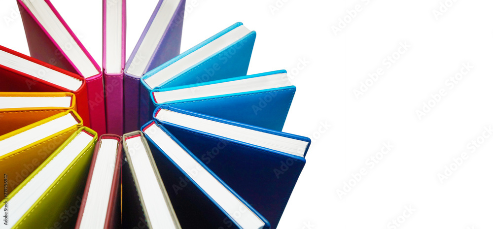 Books. A lot of books with bright covers lined in circle isolated on ...