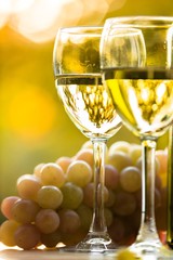 Wine Glasses With White Grape Cluster Close-up