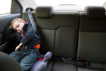 cute small child wearing warm jacket sleeping in inside car wearing seat belt