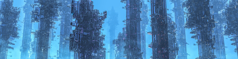 Wall Mural - space colony towers panorama / 3d illustration of dark futuristic city shrouded in mist