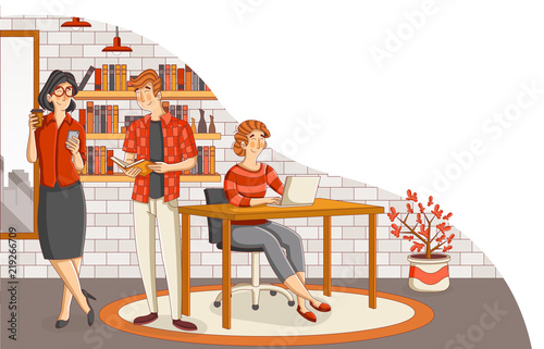 Business people working with computer. Office workspace with desks.