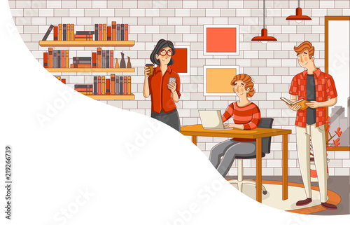 Business people working with computer. Office workspace with desks.
