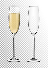 Set Transparent Vector Champagne Glasses Empty, With Sparkling Wine. Vector Illustration In Photorealistic Style.