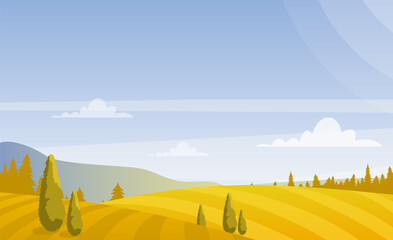 vector illustration of beautiful autumn fields landscape with sky and mountains in pastel colors. co