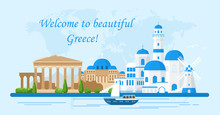 Vector Illustration Of Greece Travel Concept.Welcome To Greece. Santorini Buildings, Acropolis And Temple Icons. Tourism Banner In Bright Colors And Flat Cartoon Style.