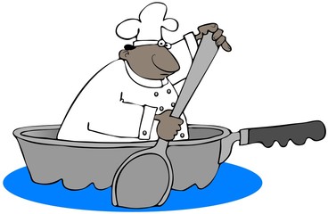 Wall Mural - Illustration of a black chef paddling inside a giant frying pan with a large spoon as an oar.