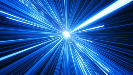 Wall Mural - Abstract Hyperspace Jump to the Sun. Beautiful Space Travel Through Stars Trails Blue Color. Digital Design Concept. Looped 3d Animation of Glowing Lines 4k UHD 3840x2160.