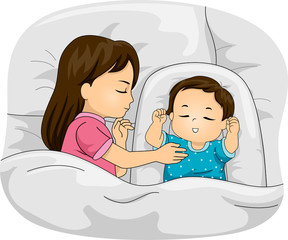 Wall Mural - Kids Toddler Sibling Sleep Illustration