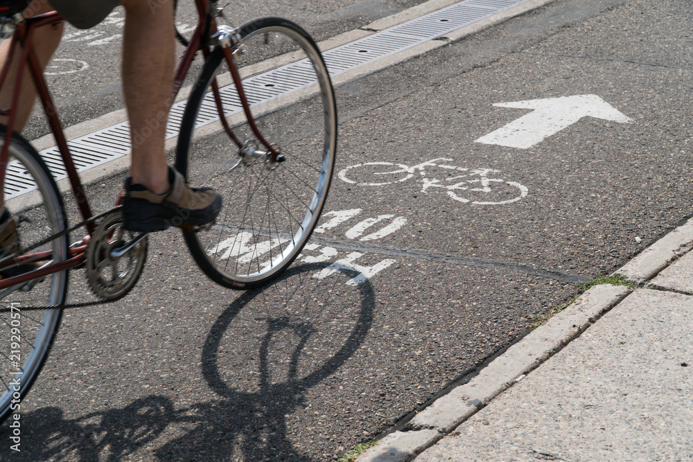 Bike lane road sign indicating speed limit 10 mph painted on roadway ...