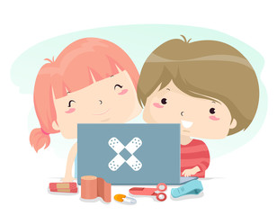 Poster - Kids First Aid Laptop Study Illustration