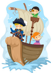 Sticker - Stickman Kids Explore Captain Ship Illustration