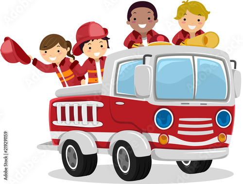 Stickman Kids Fire Truck Illustration Poster Mural XXL