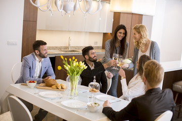 Young friends having dinner at home and toasting with white wine