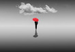 donna passeggia in un irreale paesaggio con un ombrello rosso.