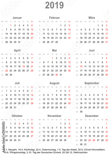 Einfacher Kalender 2019 mit gesetzlichen Feiertagen für Deutschland ...