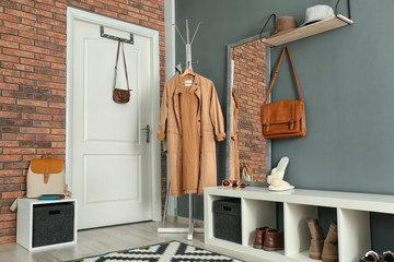 Poster - Stylish hallway interior with mirror and hanger stand