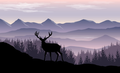 Wall Mural - vector landscape with misty mountains, forest and silhouette of deer