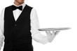 © New Africa - Waiter holding metal tray on white background, closeup