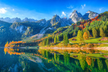 Beautiful View Of Idyllic Colorful Autumn Scenery In Gosausee Lake Austria
