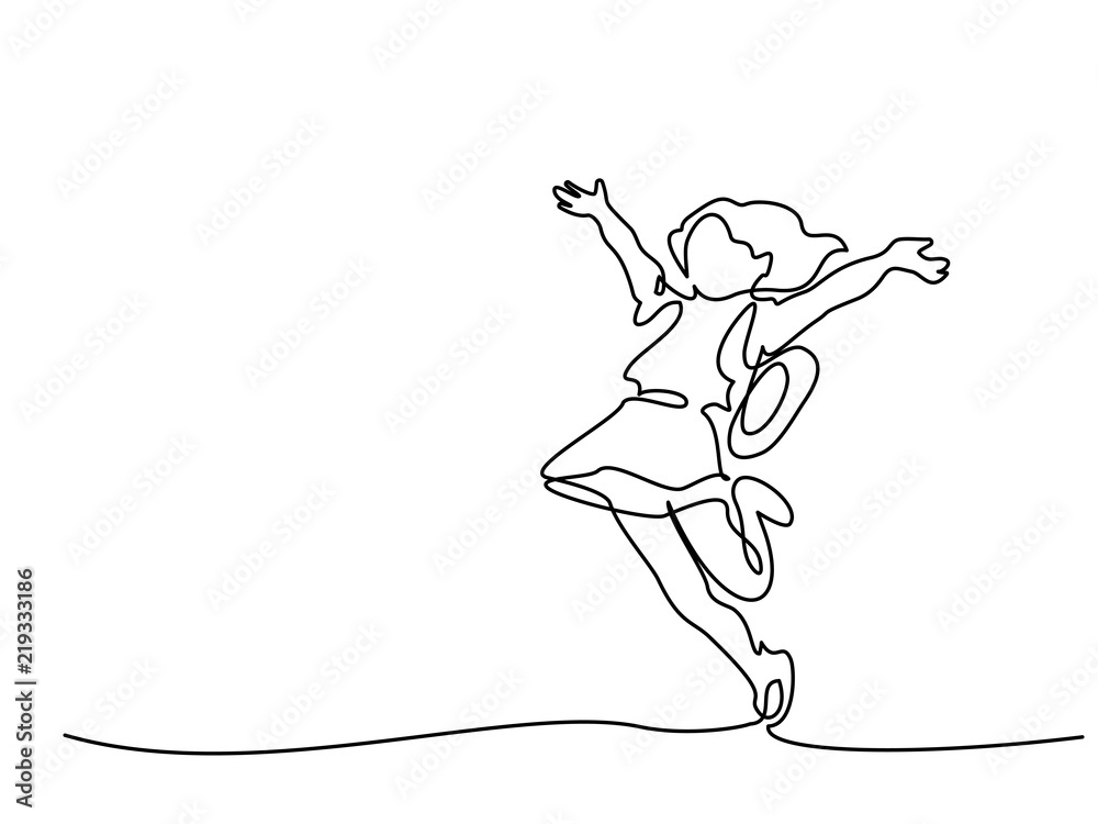 Continuous one line drawing. Happy girl pupil running and jumping ...