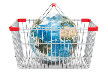 Poster - global shopping concept. metallic shopping basket with earth globe, 3d rendering