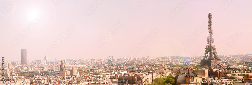 panoramic view of paris with the eiffel tour at sunrise - obrazy, fototapety, plakaty 